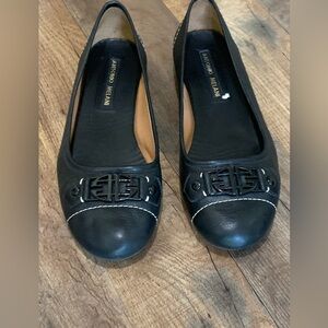 Antonio Melani Black Leather Loafers with Embellished Toe Sz 9